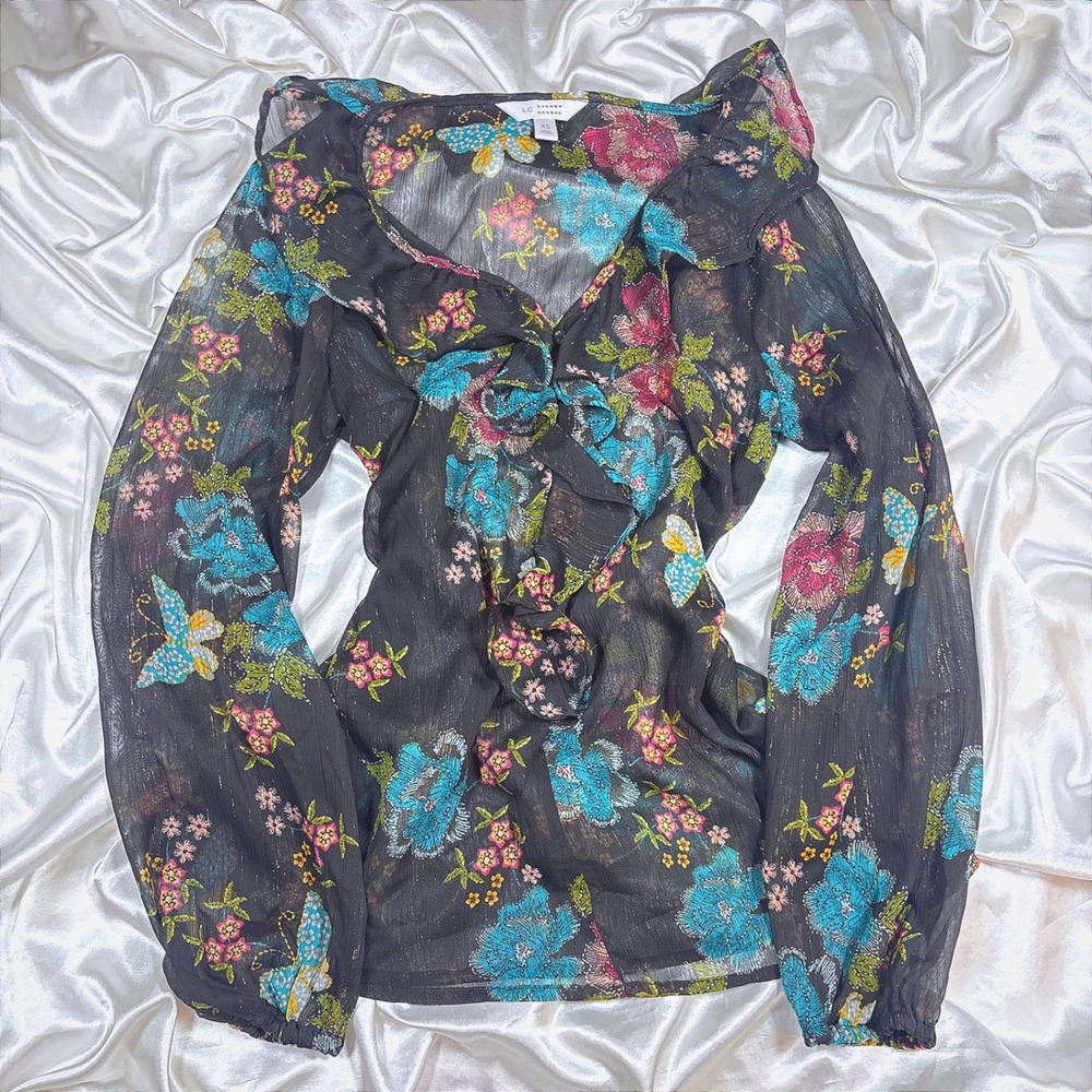 y2k Blouse Black Excellent LC Lauren Conrad Floral Butterfly Metallic Ruffle XS